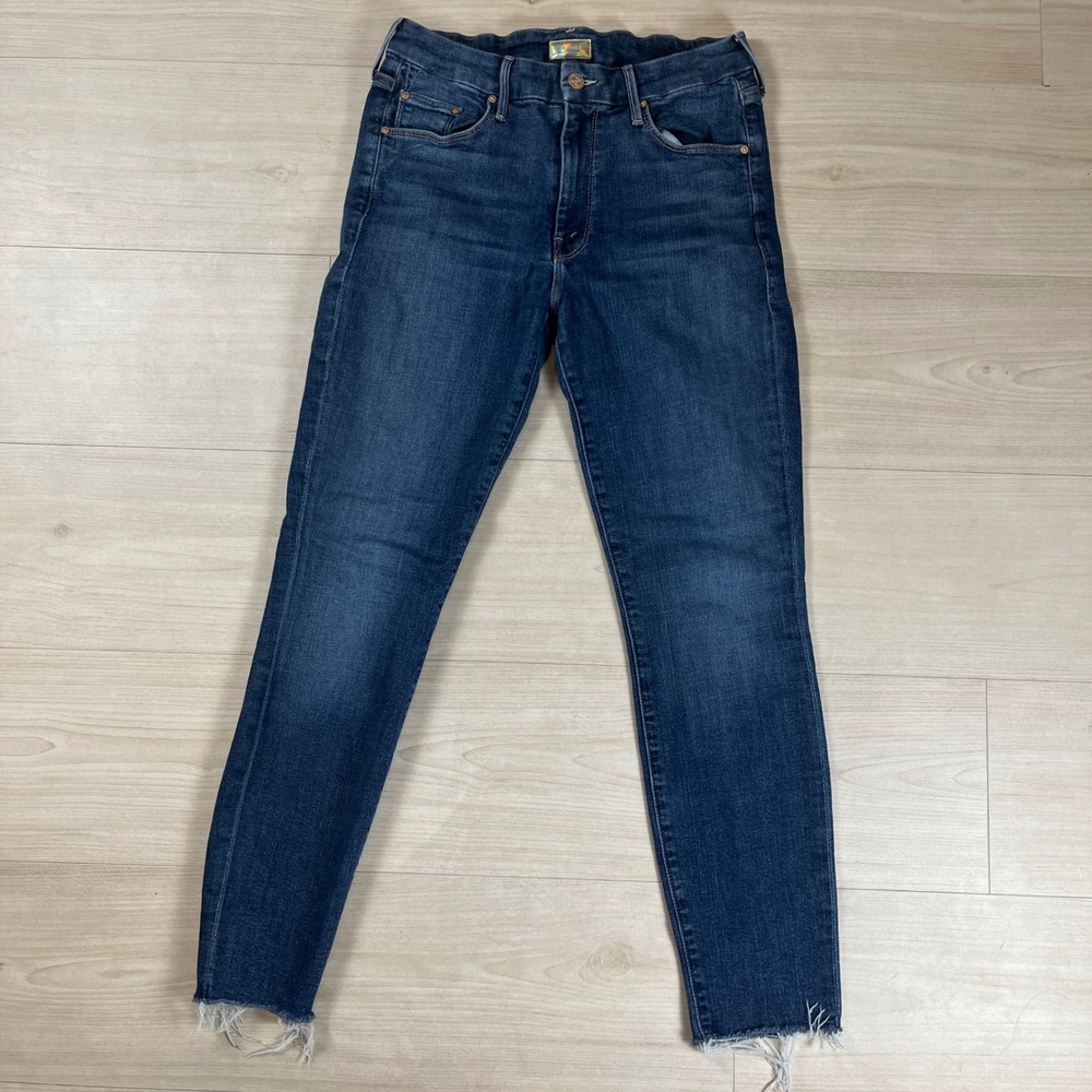 Mother The Looker Ankle Fray Jeans Girl Crush Blue Skinny Raw Hem Sz 28